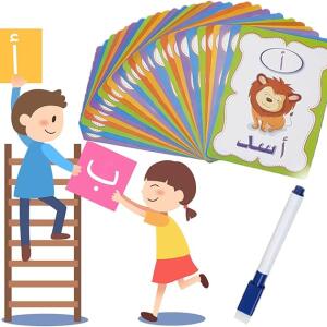 مجموعة بطاقات فلاش تعليمية ملونة بنمط حروف أبجدية اللغة العربية ألعاب تعليمية تفاعلية للتعليم المبكر مع قلم ماركر للتدريب على الكتابة للأطفال من ويزكيز، عبوة 28 قطعة