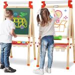 مسند رسم للاطفال مع لفافتين من ورق الرسم من الميكاكوز، لعبة تعليمية للأولاد والبنات بعمر 3 و4 و5 و6 و7 و8 سنوات، سبورة خشبية مع لوح أبيض مغناطيسي وحامل ورق طلاء