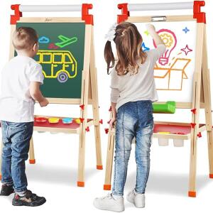 مسند رسم للاطفال مع لفافتين من ورق الرسم من الميكاكوز، لعبة تعليمية للأولاد والبنات بعمر 3 و4 و5 و6 و7 و8 سنوات، سبورة خشبية مع لوح أبيض مغناطيسي وحامل ورق طلاء